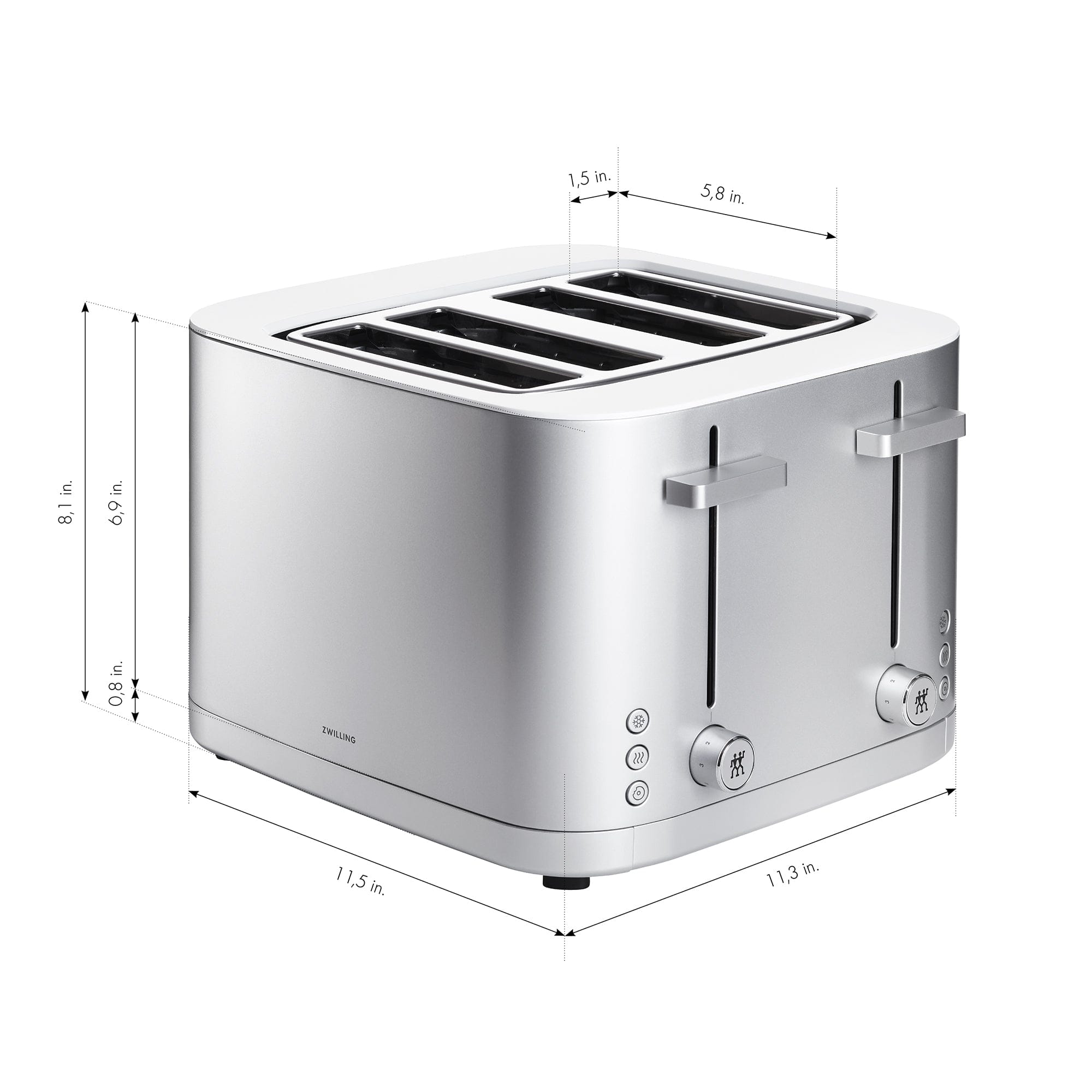 Zwilling Enfinigy 4-Slice Toaster, Extra Wide 1.5" Slots for Bagels and Toast, Silver