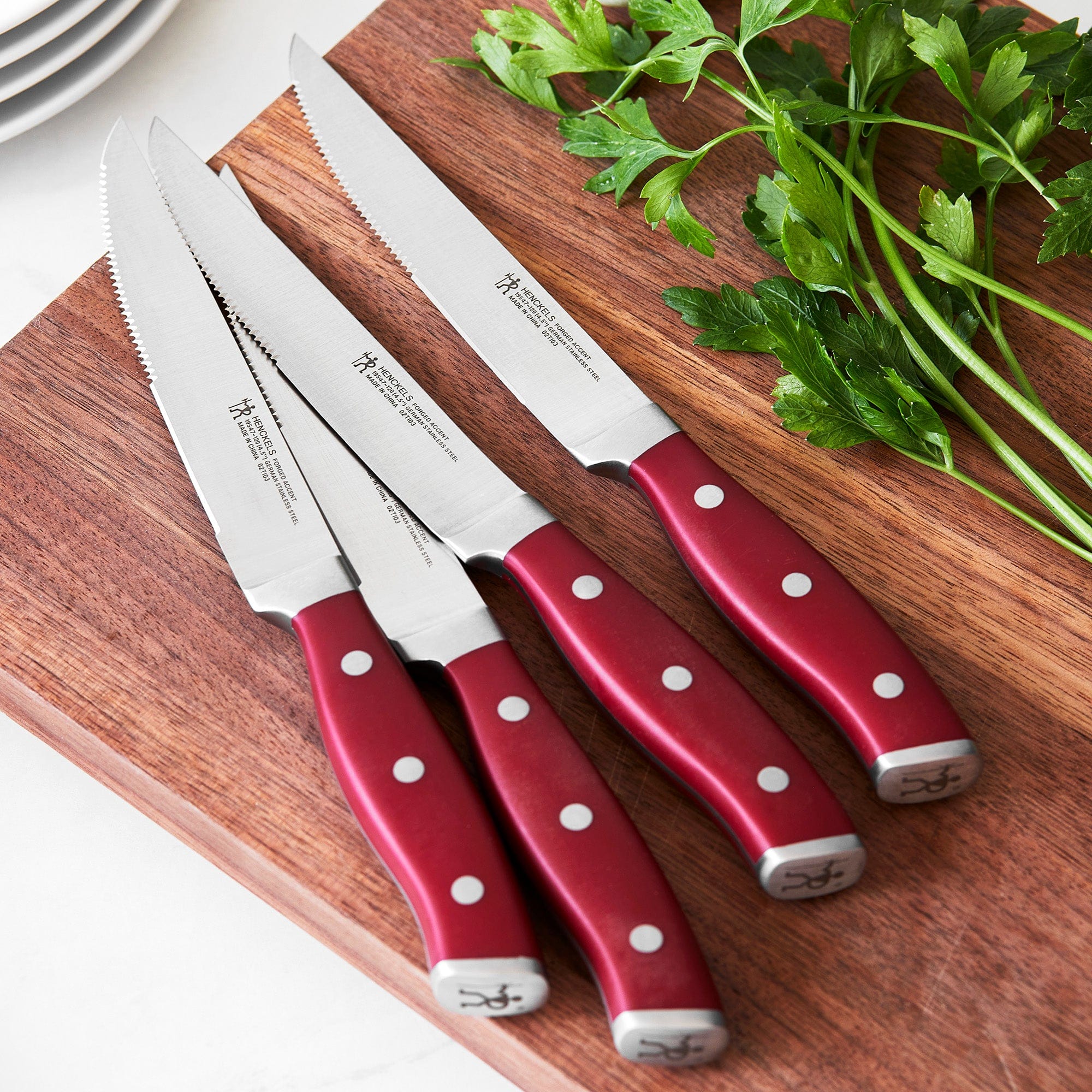 Henckels Forged Accent Set of 4 Steak Knife Set, Red, German Engineered