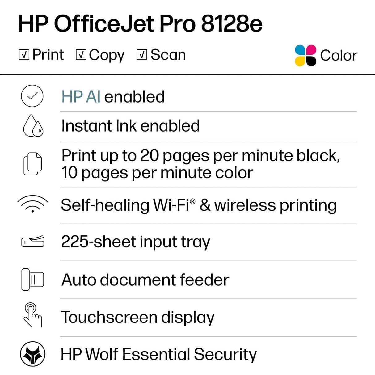 HP OfficeJet Pro 8128e Wireless All-in-One Color Inkjet Printer, Print, Scan, Copy, Fax, Duplex, ADF - Certified Refurbished