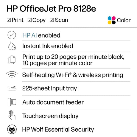 HP OfficeJet Pro 8128e Wireless All-in-One Color Inkjet Printer, Print, Scan, Copy, Fax, Duplex, ADF - Certified Refurbished