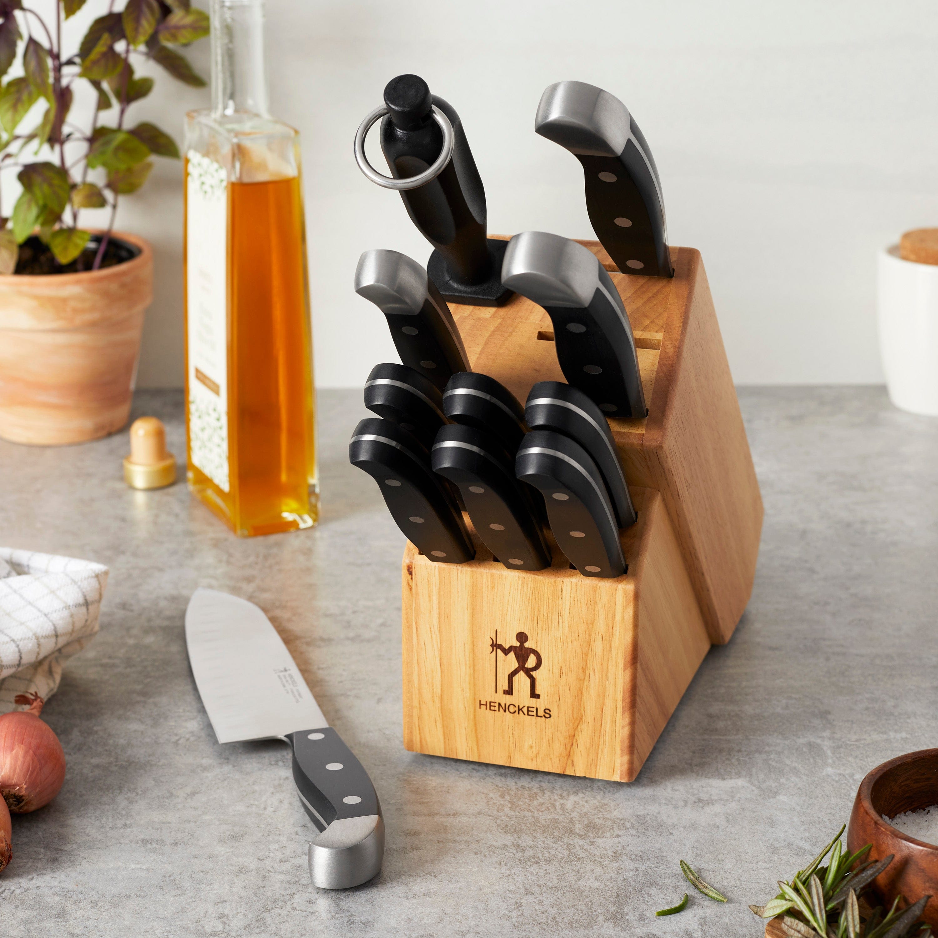 Henckels Statement 12-pc Kitchen Knife Set with Block, Chef's, Steak, Bread, Steak Knives, Knife Sharpener, Light Brown