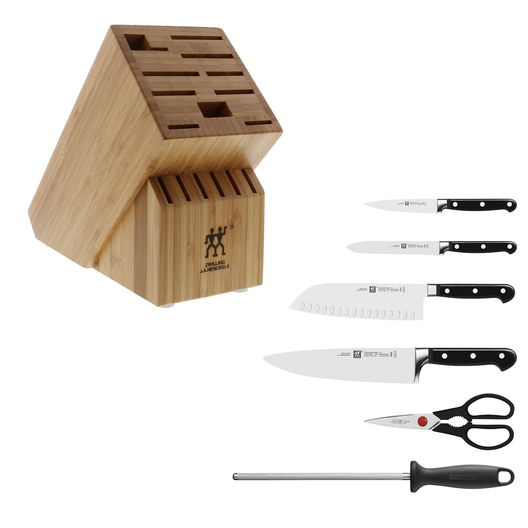 Zwilling Professional S Knife Set with Block, Chefs Knife, Serrated Utility Knife, 7 Piece, Bamboo