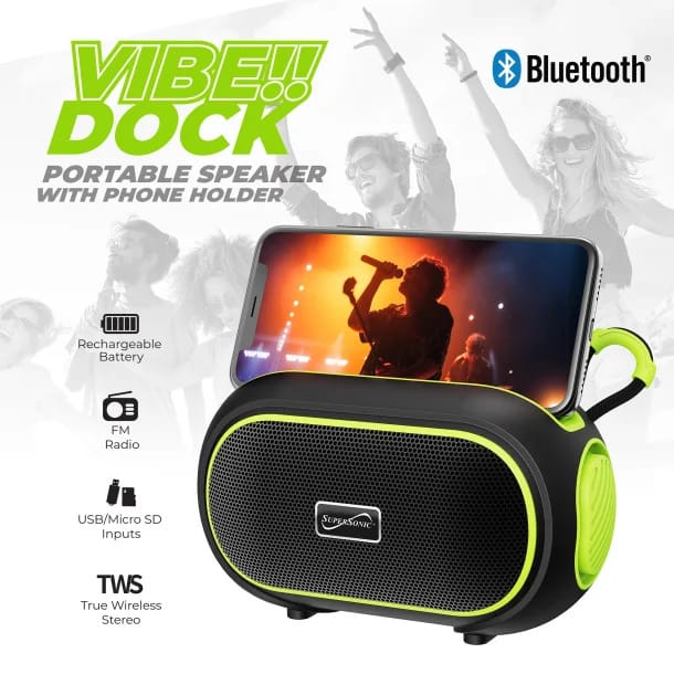 Supersonic 7-Watt-RMS VIBE!! DOCK Portable Bluetooth Rechargeable Speaker with Phone Holder, TWS, FM, USB/microSD Inputs, Strap, Green