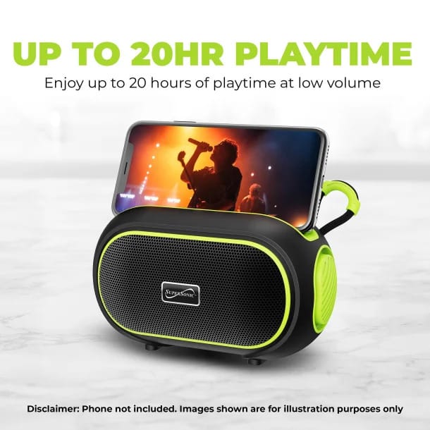 Supersonic 7-Watt-RMS VIBE!! DOCK Portable Bluetooth Rechargeable Speaker with Phone Holder, TWS, FM, USB/microSD Inputs, Strap, Green