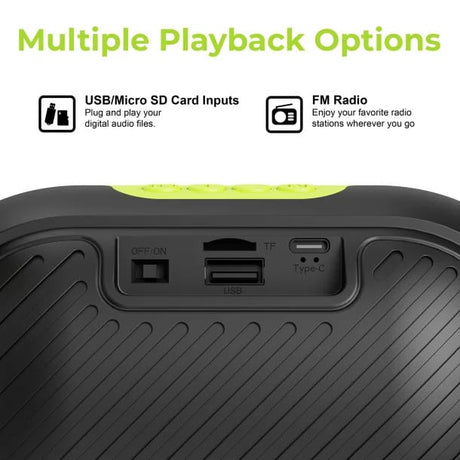 Supersonic 7-Watt-RMS VIBE!! DOCK Portable Bluetooth Rechargeable Speaker with Phone Holder, TWS, FM, USB/microSD Inputs, Strap, Green