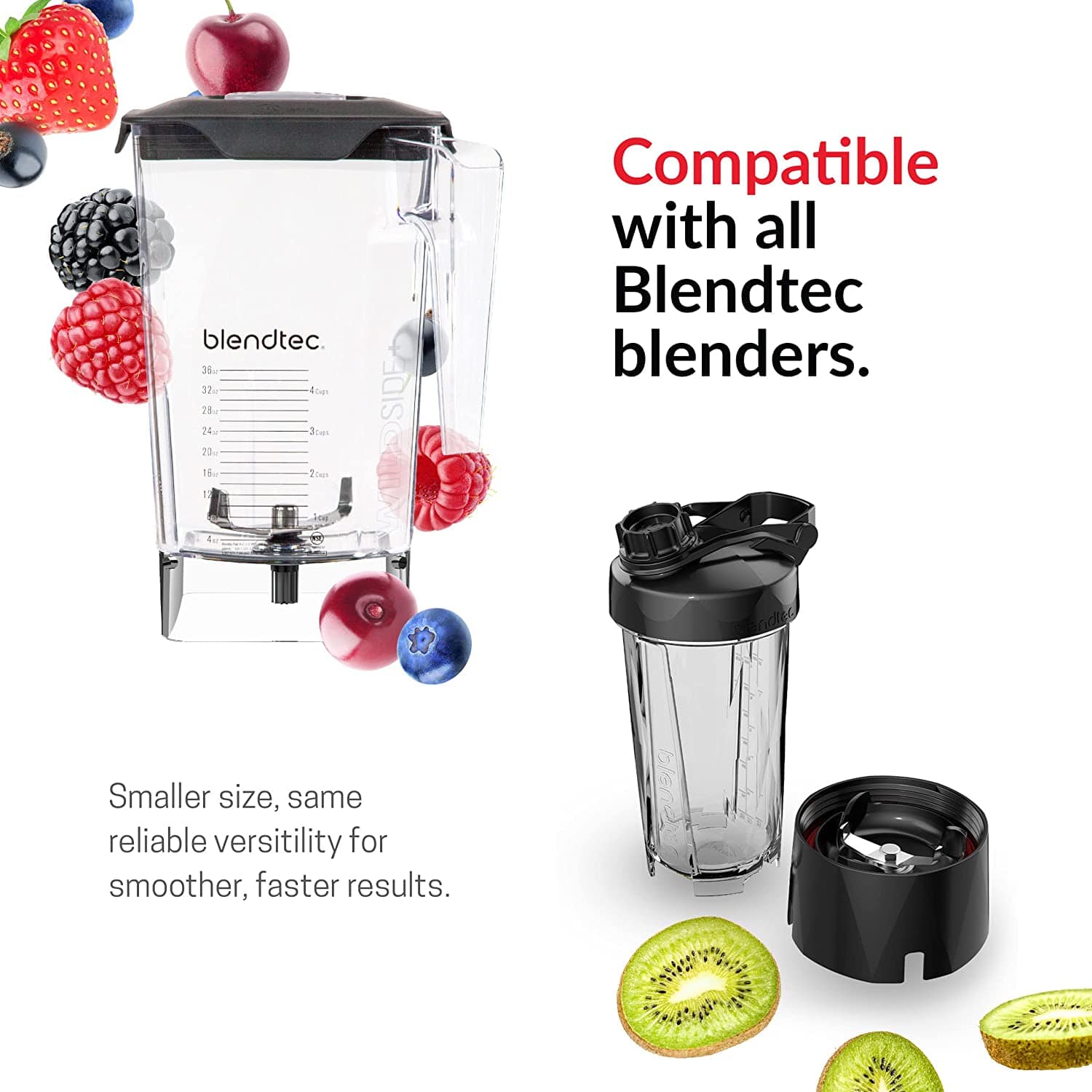 Blendtec 40-630-50 WildSide+ Jar 90oz volume, 36oz WetDry Five Sided Professional-Grade Blender Jar and Vented Latching Lid Clear