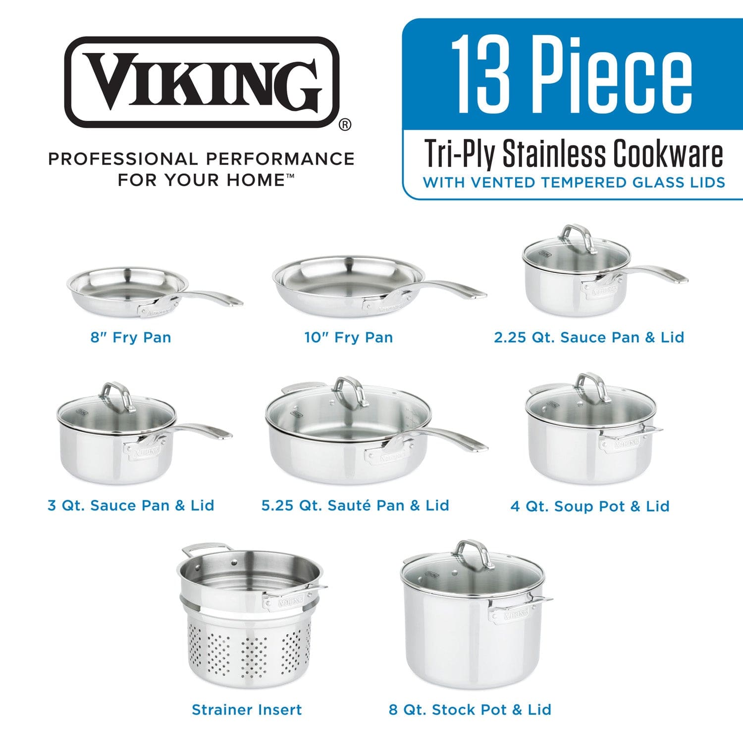 Viking 3-Ply 13-pc Stainless Steel Cookware Set with Glass Lids