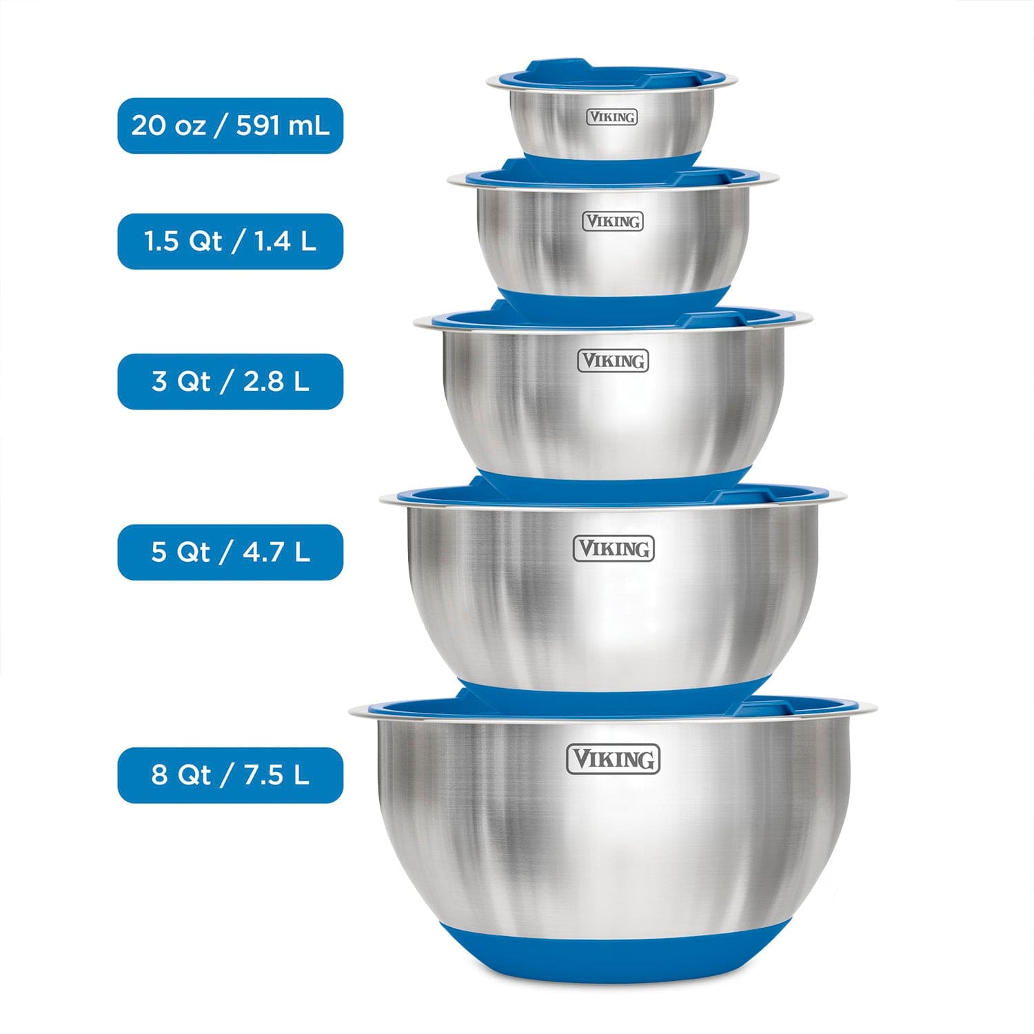 Viking 10-pc Stainless Steel Mixing Bowl Set with Lids and Silicone Nonslip Base, Blue