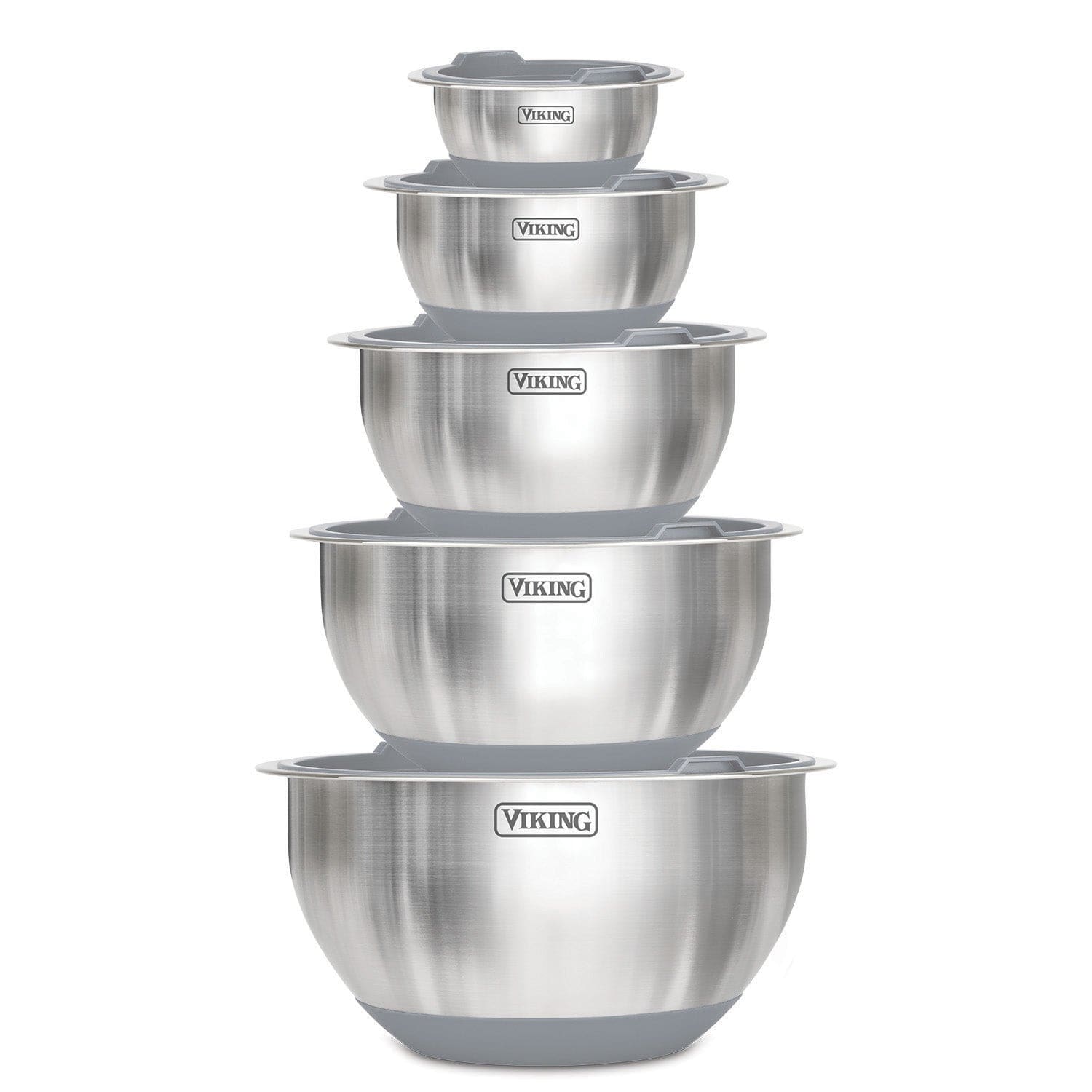 Viking 10-pc Stainless Steel Mixing Bowl Set with Lids and Silicone Nonslip Base, Grey