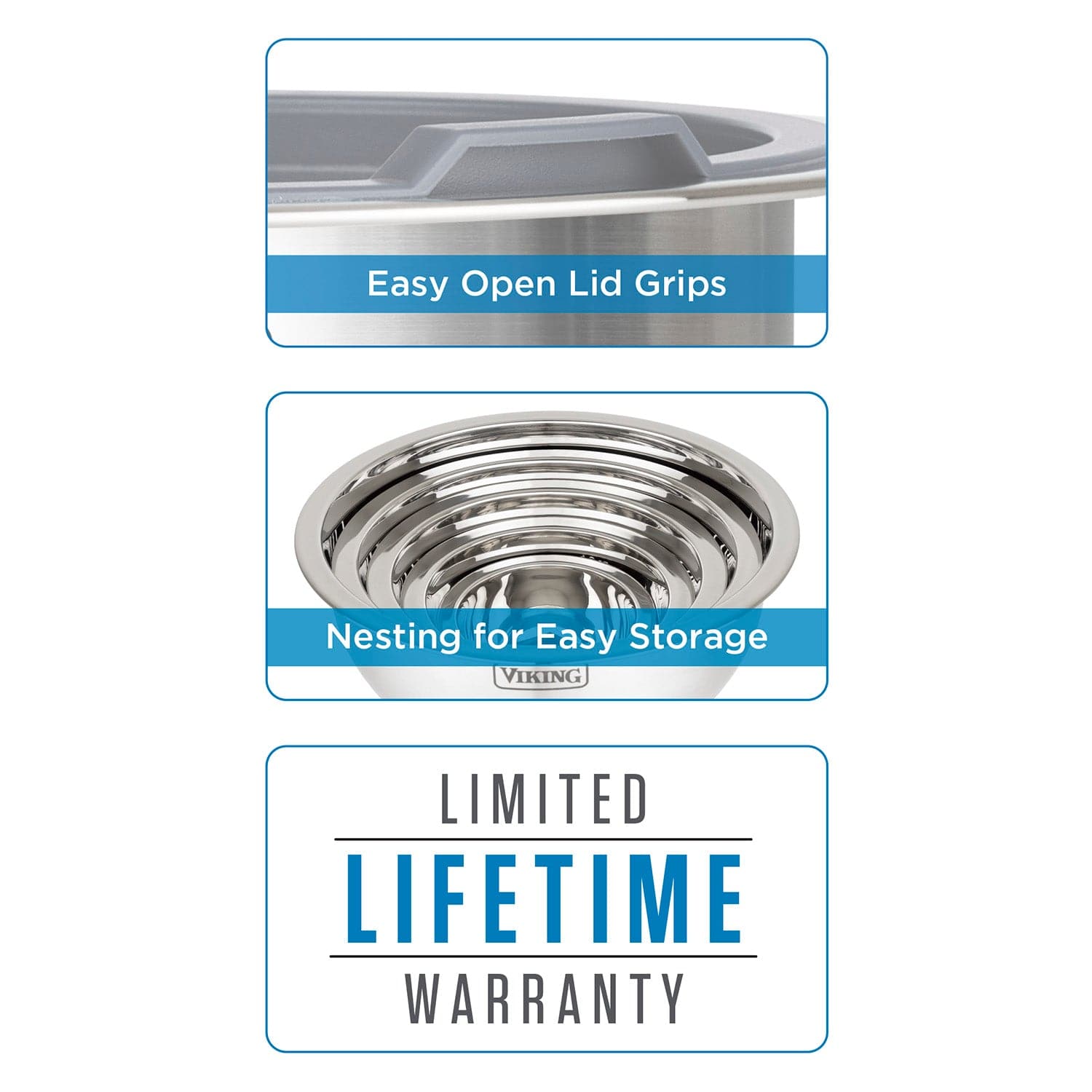 Viking 10-pc Stainless Steel Mixing Bowl Set with Lids and Silicone Nonslip Base, Grey