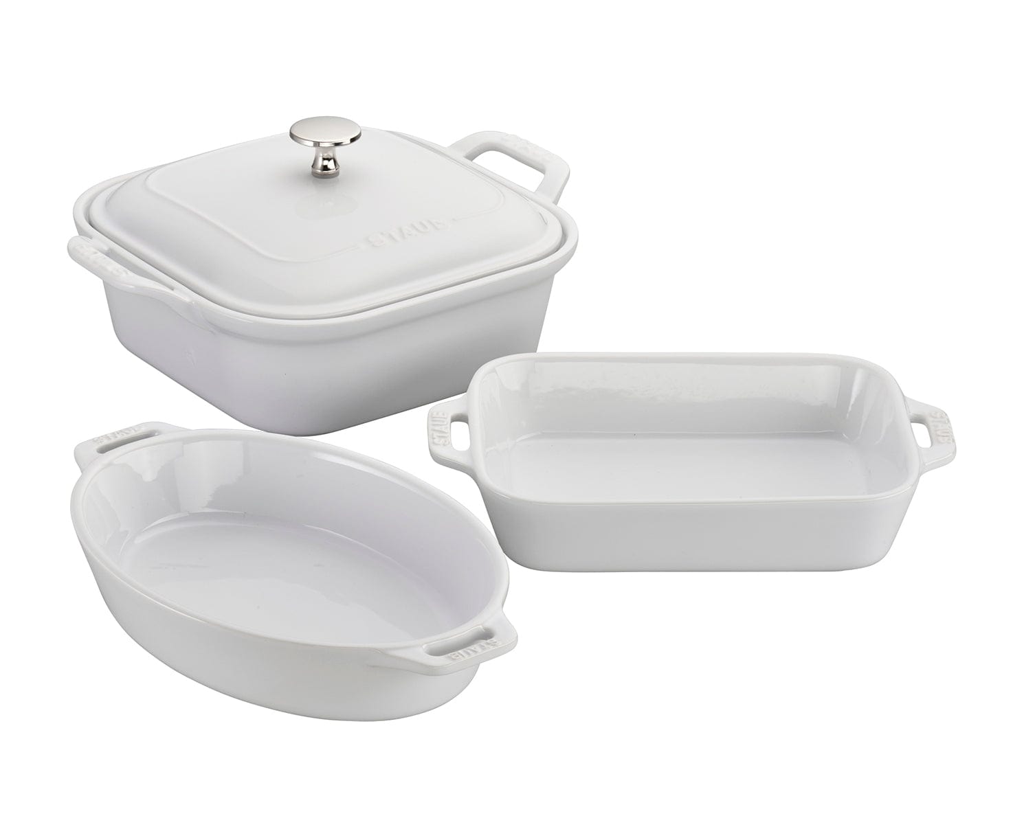 Staub Ceramic 4-pc Baking Pans Set, Casserole Dish with Lid, Brownie Pan, White