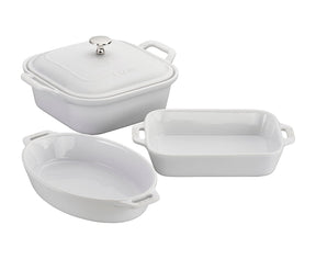 Staub Ceramic 4-pc Baking Pans Set, Casserole Dish with Lid, Brownie Pan, White