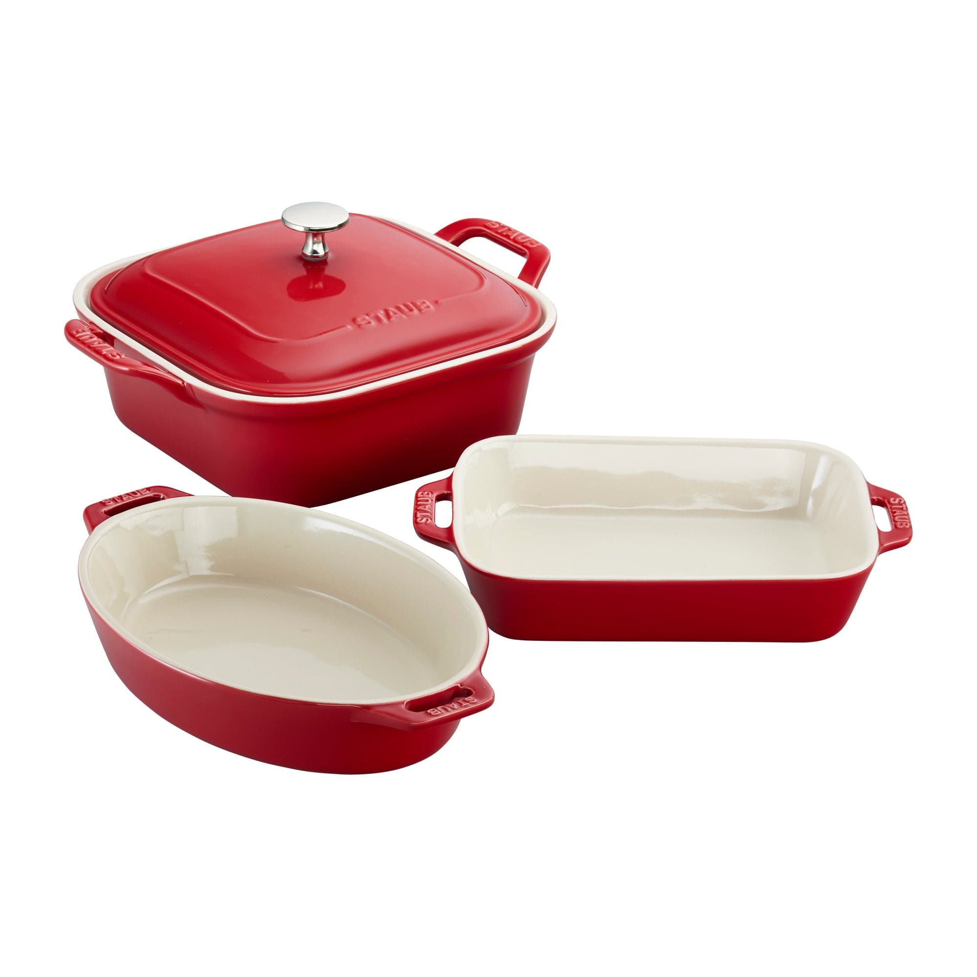 Staub Ceramic 4-pc Baking Pans Set, Casserole Dish with Lid, Brownie Pan, Cherry