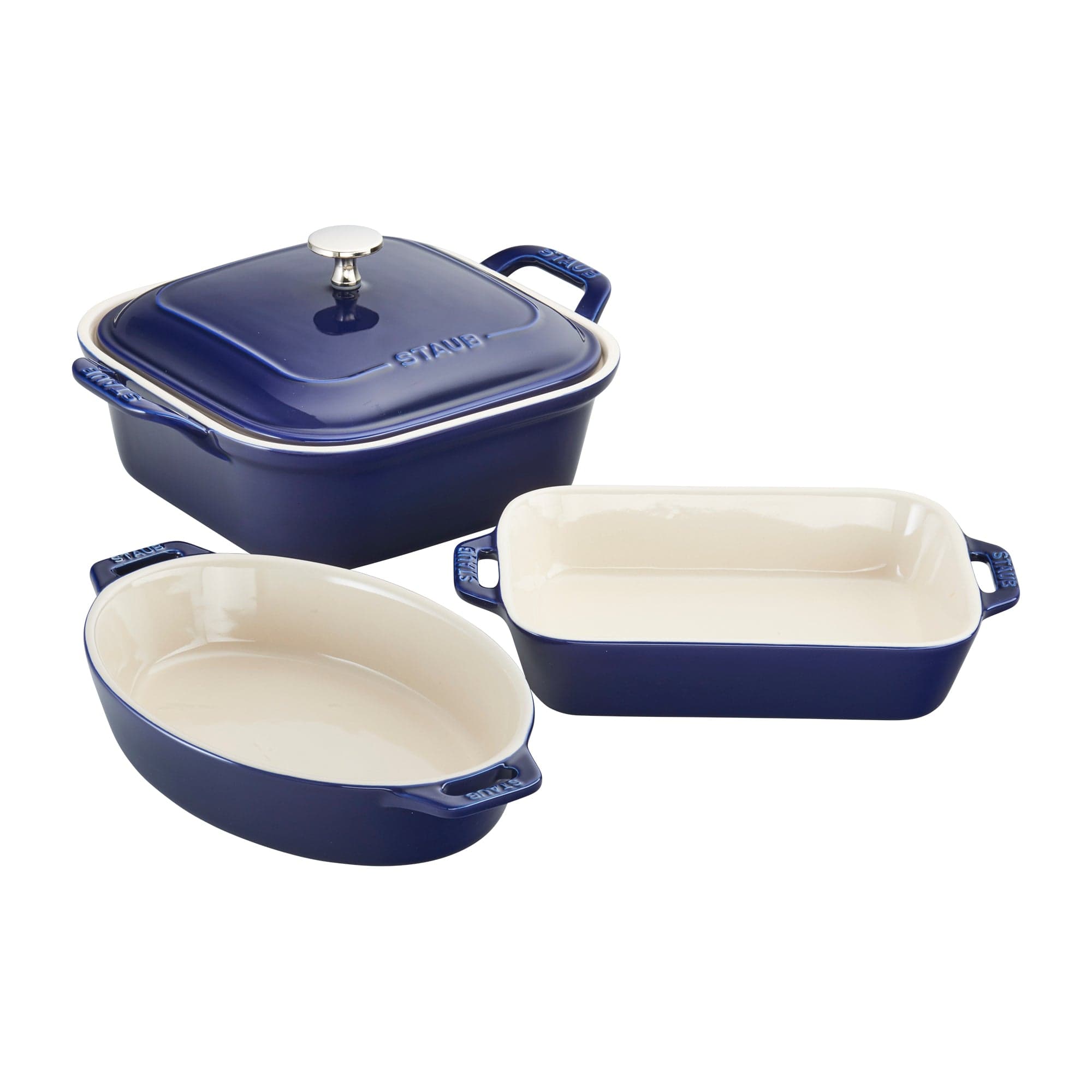 Staub Ceramic 4-pc Baking Pans Set, Casserole Dish with Lid, Brownie Pan, Dark Blue