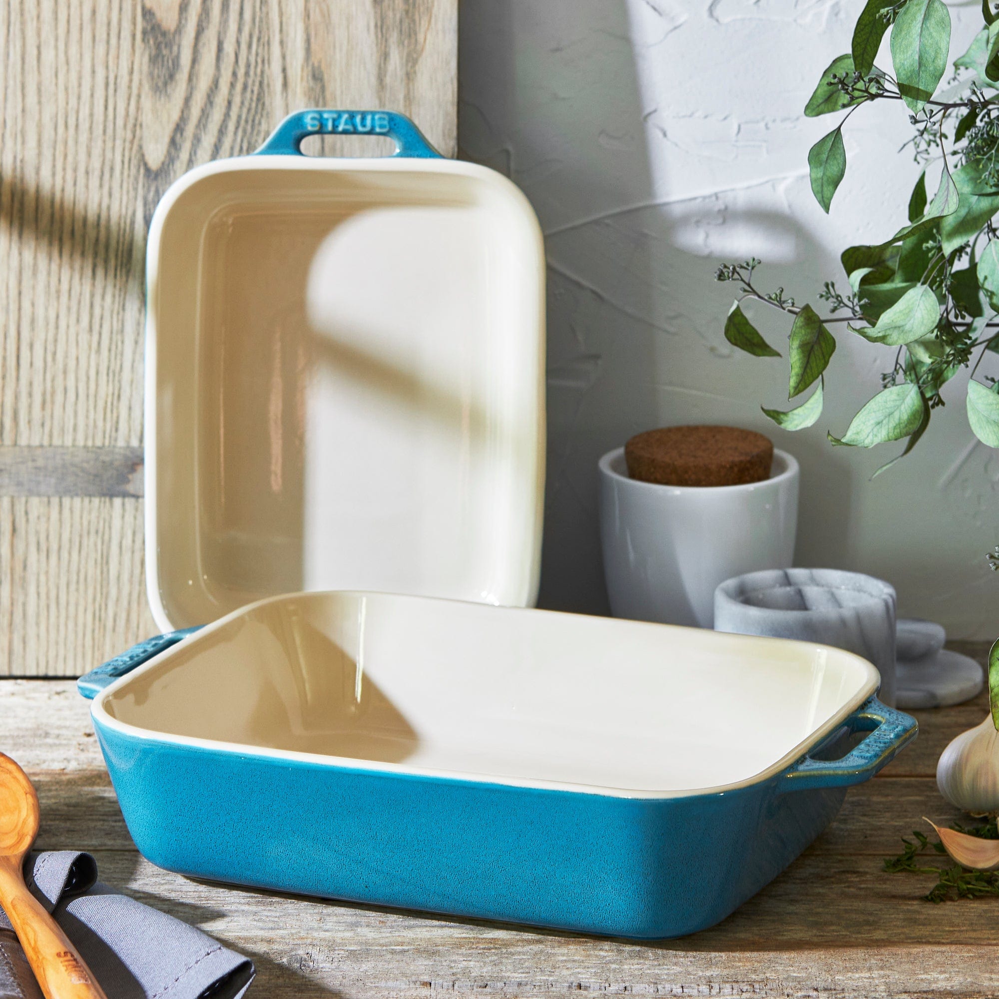 Staub Ceramic Rectangular Baking Dish Set, Casserole Dish, 2-Piece, Rustic Turquoise