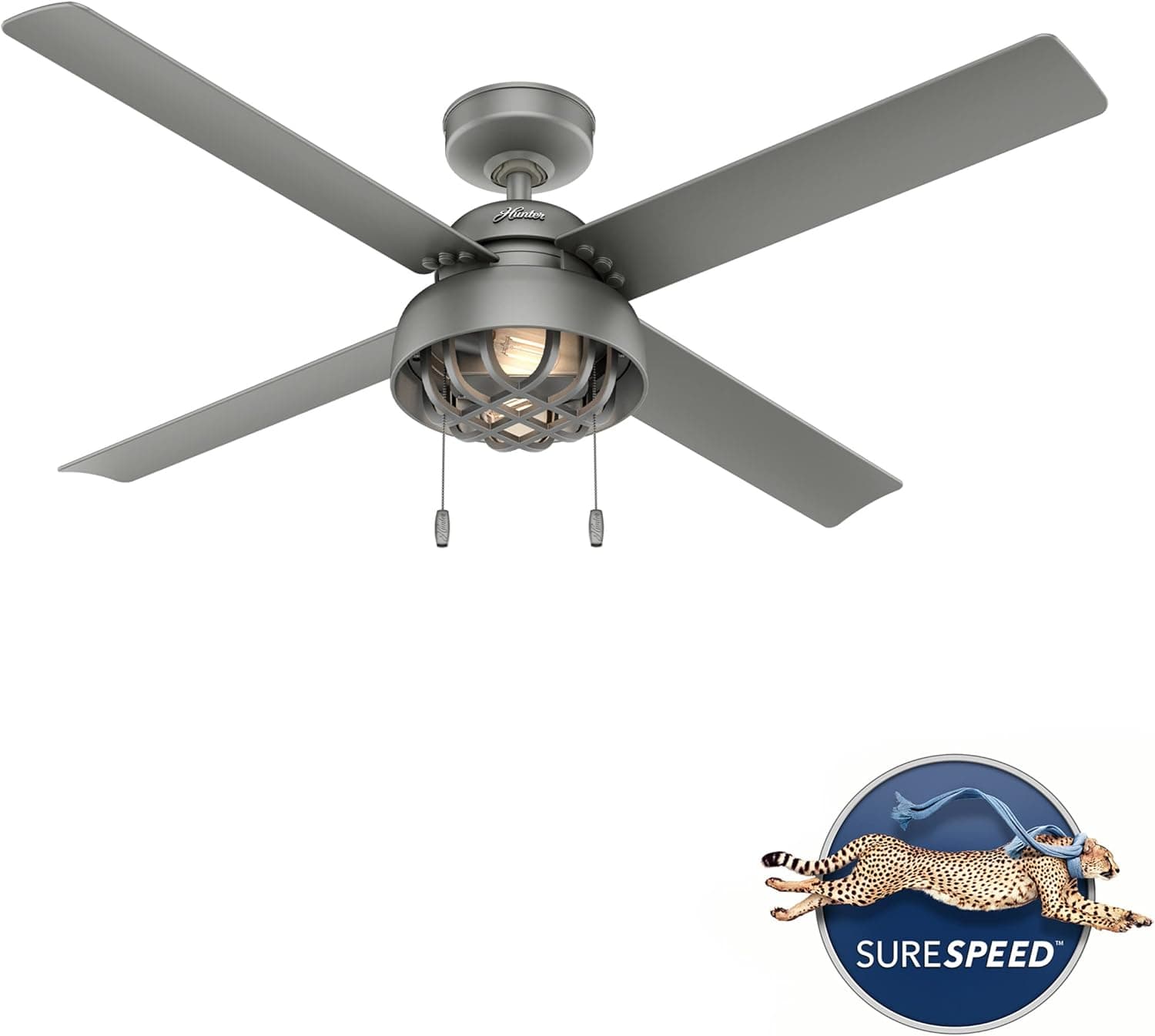 Hunter Fans 50339 52" Spring Mill Indoor Outdoor Industrial Cage Style Ceiling Fan with Edison LED Light & Pull Chain, Matte Silver