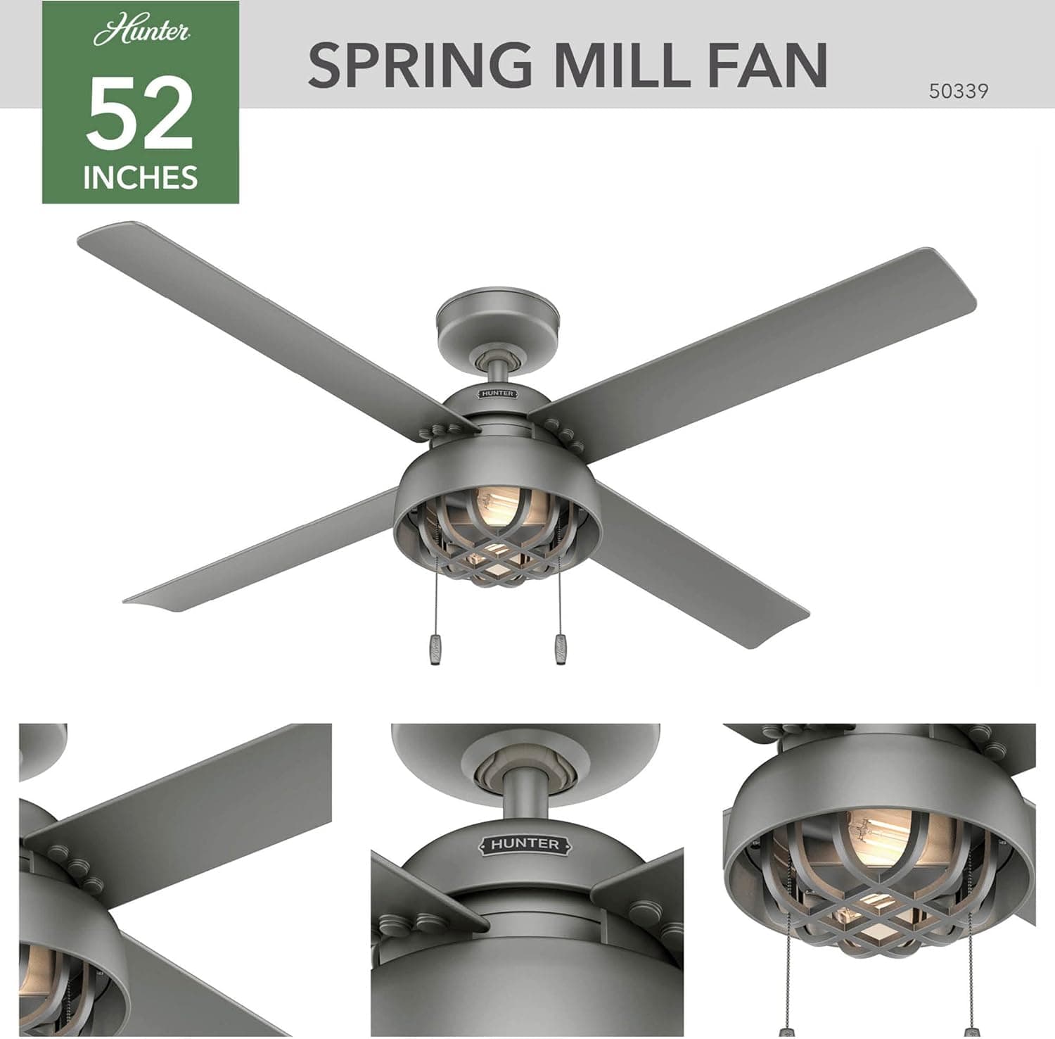 Hunter Fans 50339 52" Spring Mill Indoor Outdoor Industrial Cage Style Ceiling Fan with Edison LED Light & Pull Chain, Matte Silver