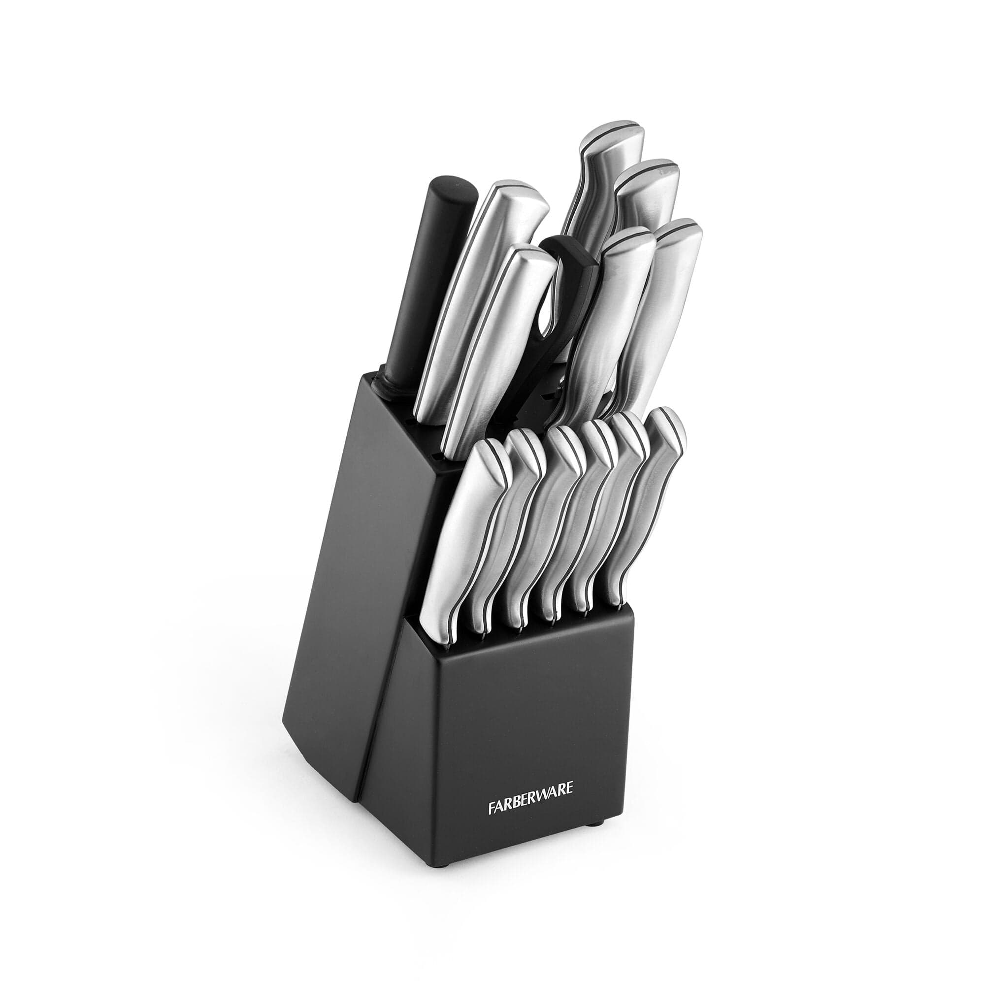 Farberware High-Carbon Stamped Stainless Steel Kitchen Knife Block Set with Steak Knives, with Wood Block, 15 Piece, Black