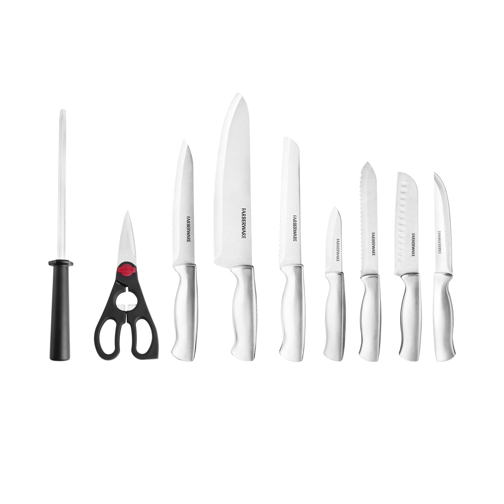 Farberware High-Carbon Stamped Stainless Steel Kitchen Knife Block Set with Steak Knives, with Wood Block, 15 Piece, Black