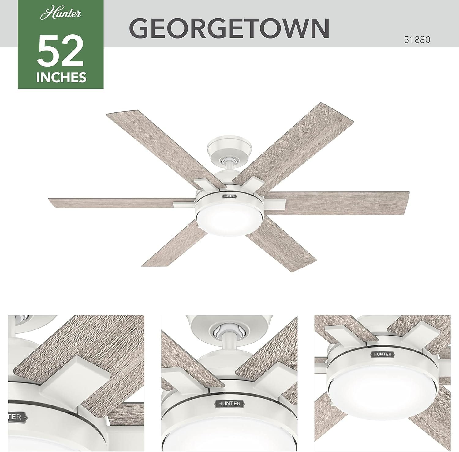 Hunter Fans 51880 52" Georgetown Ceiling Fan with LED Light & Remote Control, Fresh White