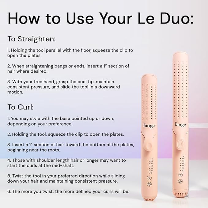 L'ange Hair Le Duo Standard 360° Airflow Styler, 2-in-1 Curling Wand & Flat Iron, Cooling Vents, Adjustable Temp & Dual Voltage, Blush
