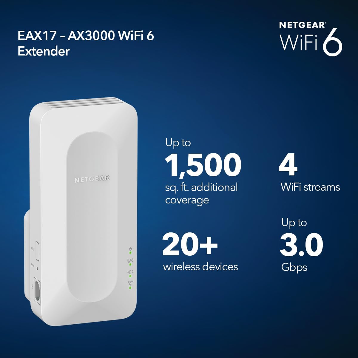 Netgear EAX17 AX3000 WiFi 6 Dual-Band Range Extender, Up to 3.0 Gbps Speed, Covers 1500 sq. ft. and 20 Devices - Certified Refurbished
