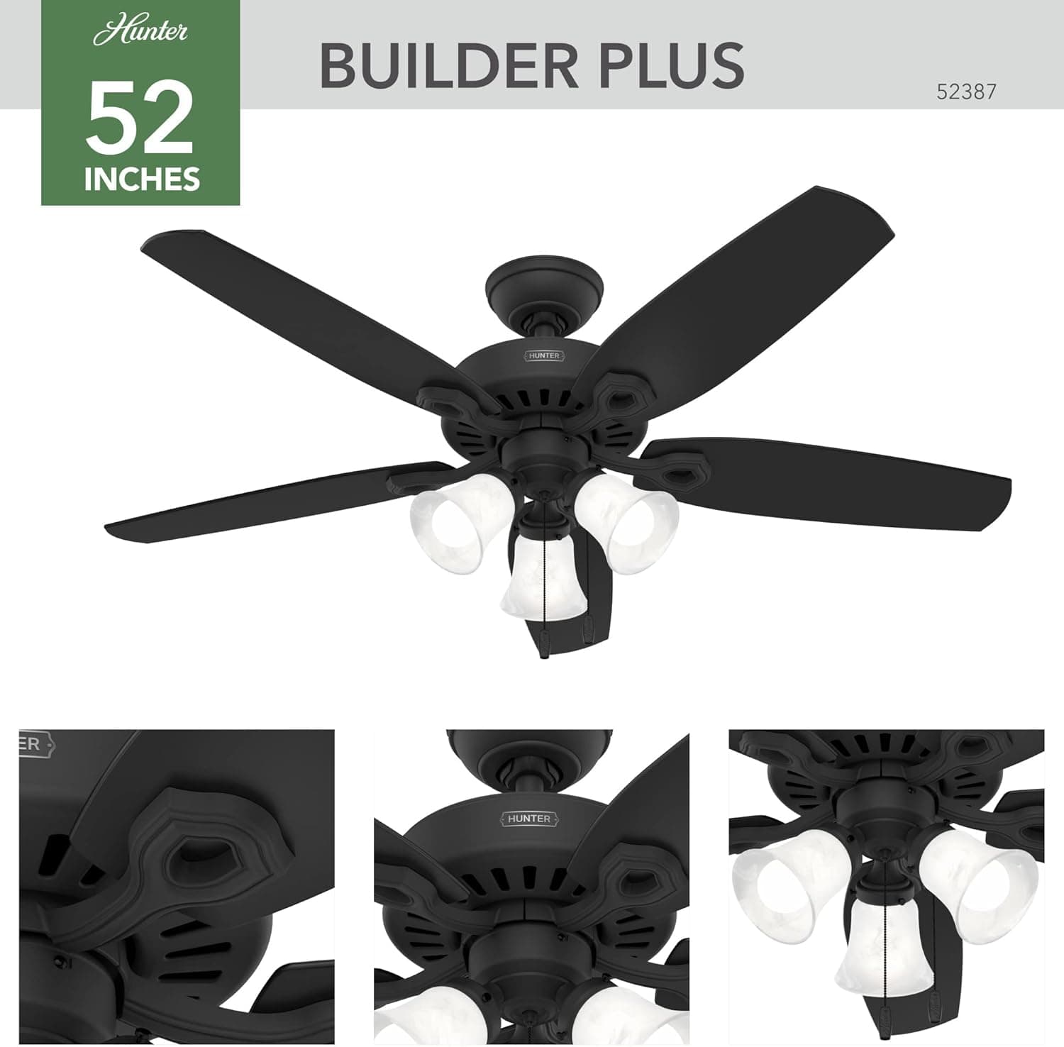 Hunter Fans 52387 52" Builder Plus Traditional Style Ceiling Fan, Three LED Lights, Pull Chain Control, Matte Black