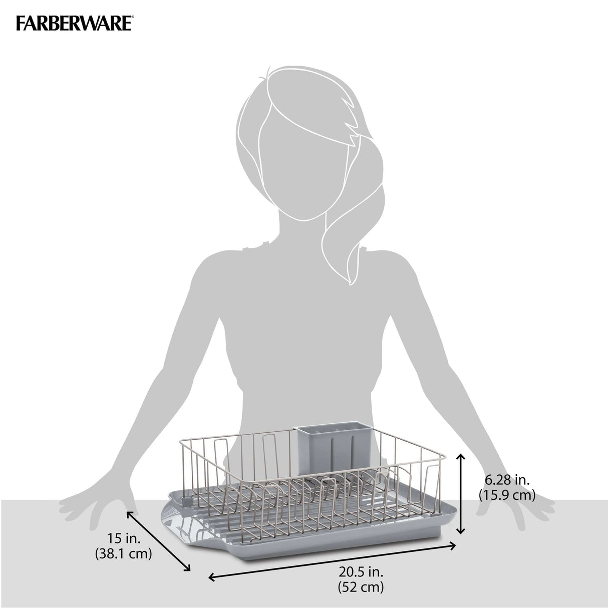 Farberware Classic Large Rust Resistant Full Dishrack with Removable 3 Compartment Flatware Caddy, Drain Board, 3-Piece, Gray