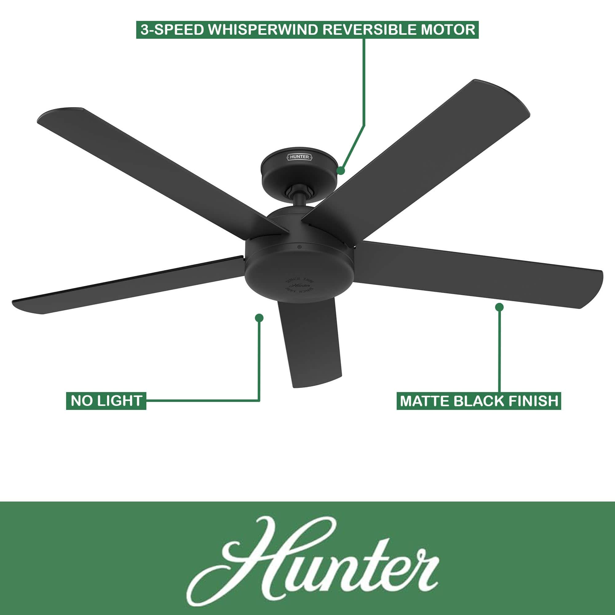 Hunter Fan 52 Inch Outdoor/Indoor Ceiling fan with Remote for Porch, Living Room, Office, Kitchen, Black - Certified Refurbished