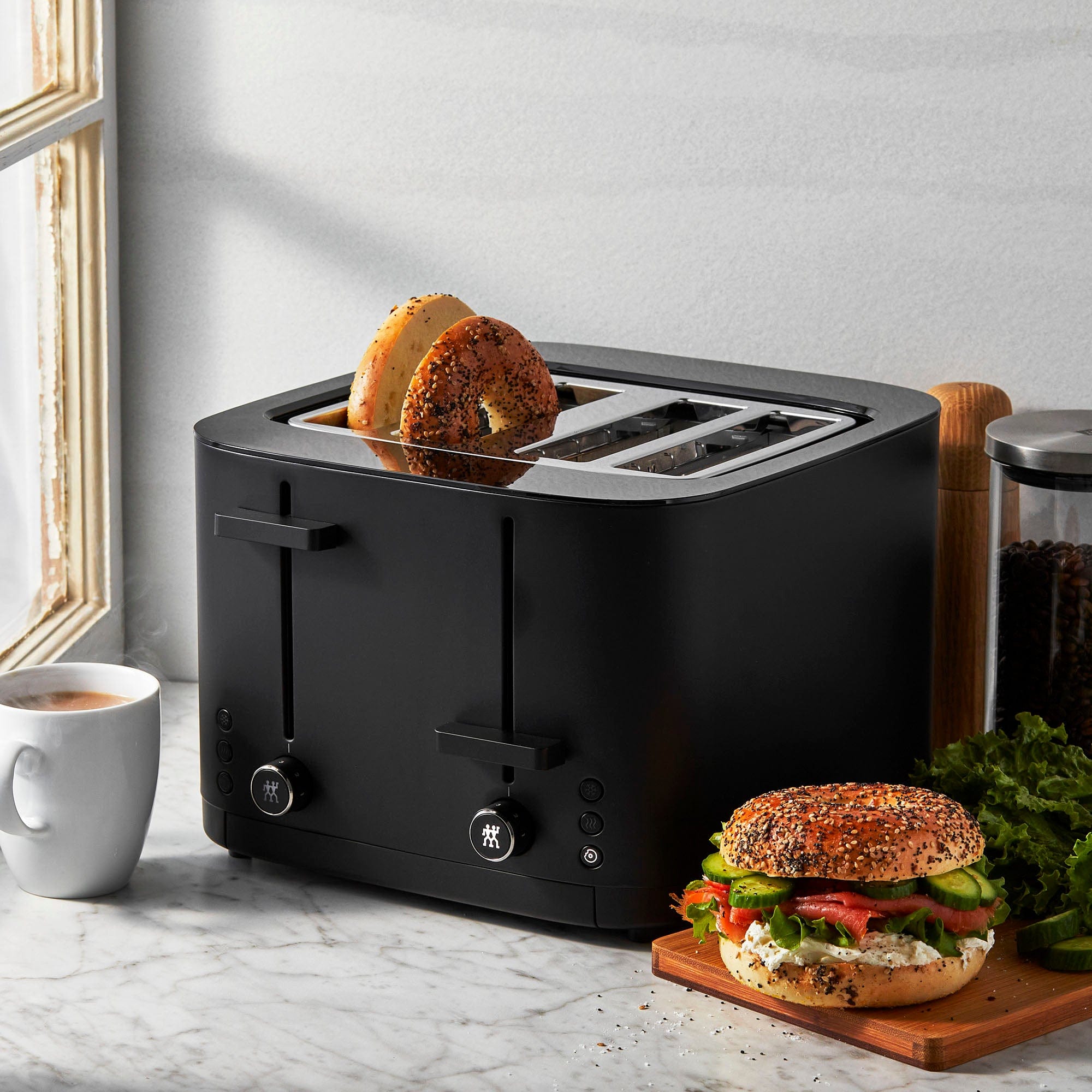 Zwilling Enfinigy, 4-Slice Toaster with 4 Slots, Extra Wide 1.5" Slots for Bagels and Toast, Black