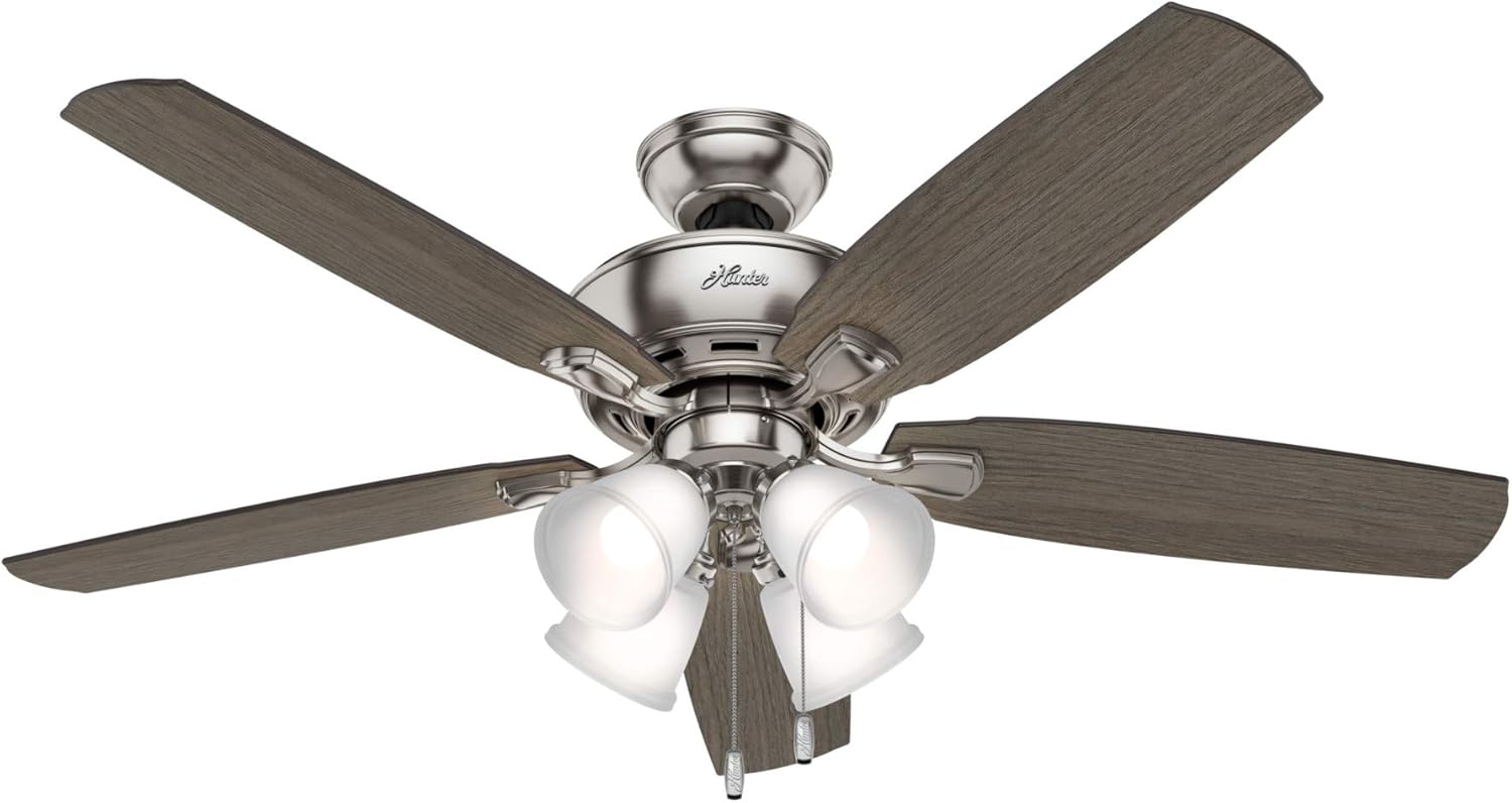 Hunter Fans 53216 52" Amberlin Traditional Style Ceiling Fan with Four LED Lights & Pull Chain Control, Brushed Nickel, Walnut Blades