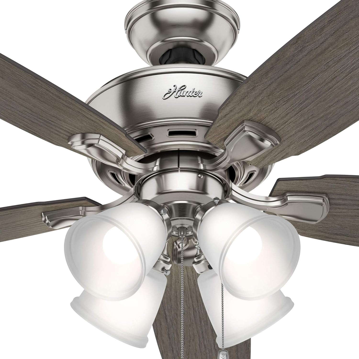 Hunter Fans 53216 52" Amberlin Traditional Style Ceiling Fan with Four LED Lights & Pull Chain Control, Brushed Nickel, Walnut Blades