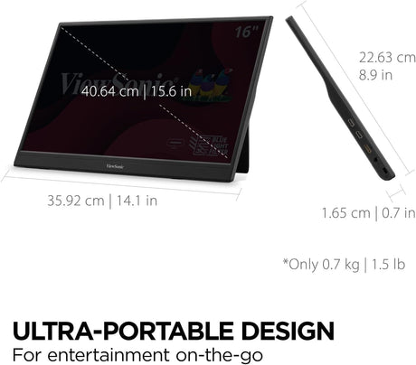 ViewSonic 16 Inch 1080p FHD IPS Portable Monitor with Eye Care, Built-in Stand, USB C, Mini HDMI - Certified Refurbished