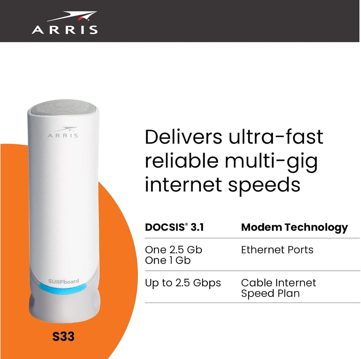 Arris S33 SURFboard Cable Modem DOCSIS 3.1 Multi-Gigabit WiFi Max Internet Speed 2.5 Gbps - Certified Refurbished
