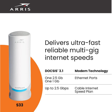 Arris S33 SURFboard Cable Modem DOCSIS 3.1 Multi-Gigabit WiFi Max Internet Speed 2.5 Gbps - Certified Refurbished