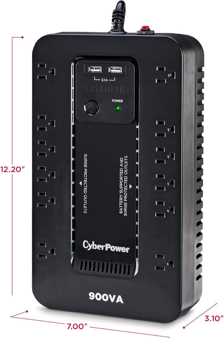CyberPower Standby UPS Battery Backup and Surge Protector, 900VA/500W, 12 Outlets, 2 USB Charging Ports, Compact - Certified Refurbished