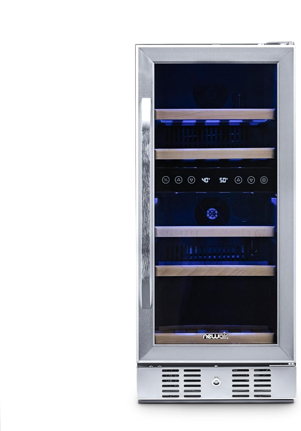 Newair 15" Dual Zone Wine Fridge with Beech Wood Shelves, 29 Bottles, Stainless Steel - Certified Refurbished