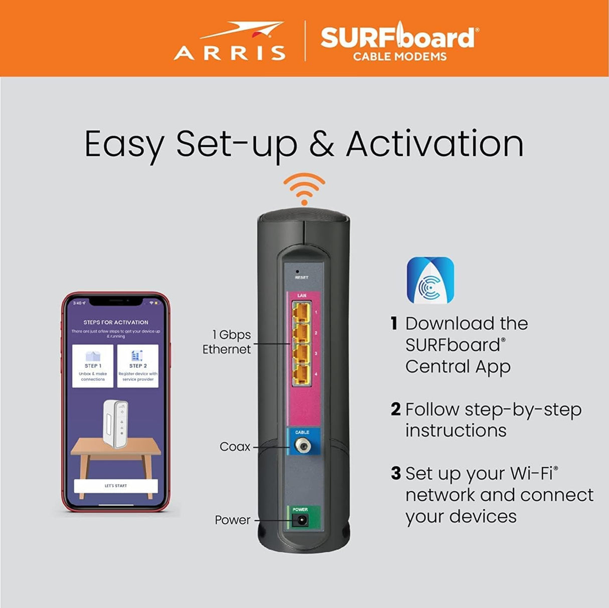 Arris G34 SURFboard Cable Modem Router Combo DOCSIS 3.1 Gigabit WiFi 6 AX3000 1 Gbps - Certified Refurbished
