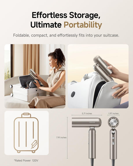 Dreame Pocket Pure High-Speed Hair Dryer, Lightweight Foldable Blow Dryer, 110000 RPM Motor, Ionic Care, 5 Modes, Travel Bag, Quiet Fast Drying