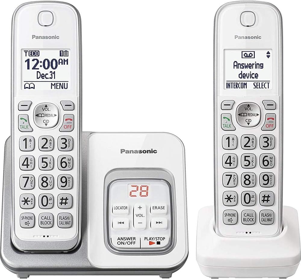 Panasonic DECT 6.0 Expandable Cordless Phone, Answering Machine, Smart Call Block, 2 Handsets, White/Silver - Certified Refurbished