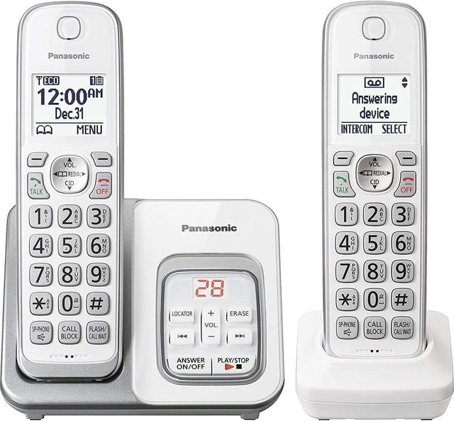 Panasonic DECT 6.0 Expandable Cordless Phone, Answering Machine, Smart Call Block, 2 Handsets, White/Silver - Certified Refurbished