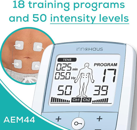 Innohaus TENS Unit Muscle Stimulator with 50 Intensity Levels for Pain Relief and Muscle Recovery, White - Refurbished