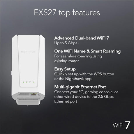Netgear EXS27 BE5000 WiFi 7 Dual-Band Range Extender, Up to 5 Gbps Speed, Covers 1500 sq. ft. and 45 Devices - Certified Refurbished
