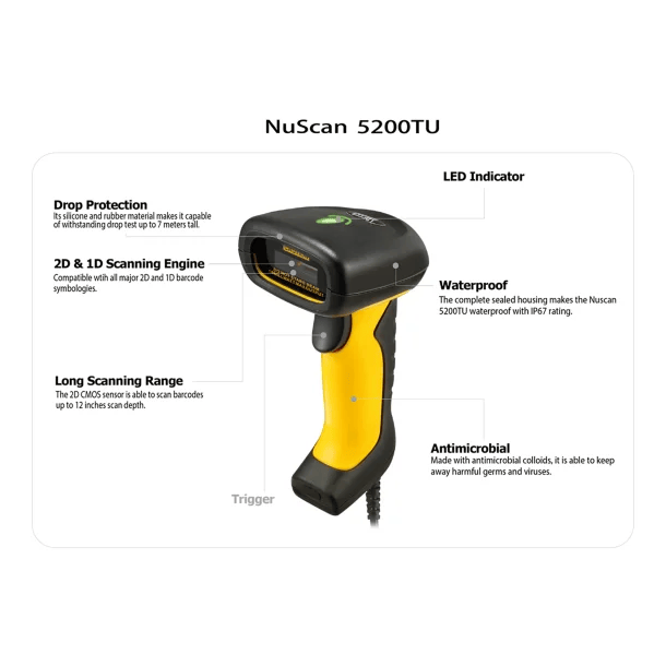 Adesso NuScan 5200T USB 2D Waterproof Industrial Handheld Barcode Scanner
