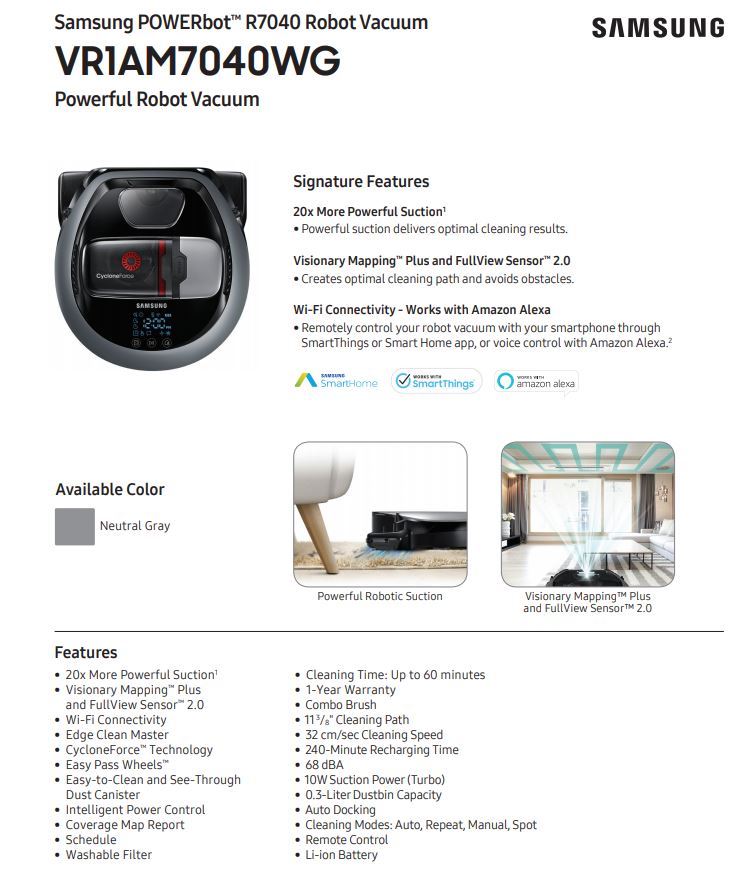 Samsung VR1AM7040WG-R POWERbot Vacuum R7040- Certified Refurbished