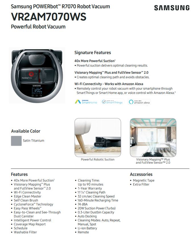Samsung VR2AM7070WS-R POWERbot Vacuum R7070- Certified Refurbished