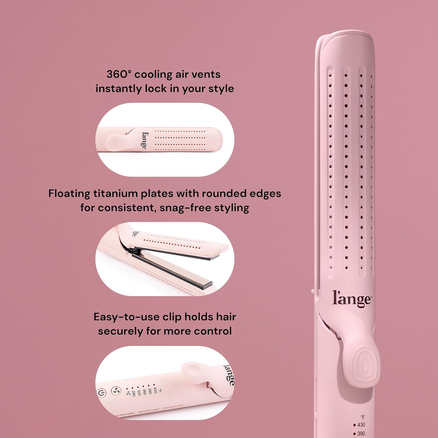 L'ange Hair Le Duo Standard 360° Airflow Styler, 2-in-1 Curling Wand & Flat Iron, Cooling Vents, Adjustable Temp & Dual Voltage, Blush