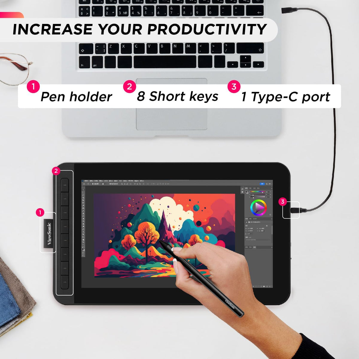 ViewSonic 12" Drawing Tablet, Full HD Display, 8192 Pressure Pen, Tilt Support, Mac/Windows Compatible