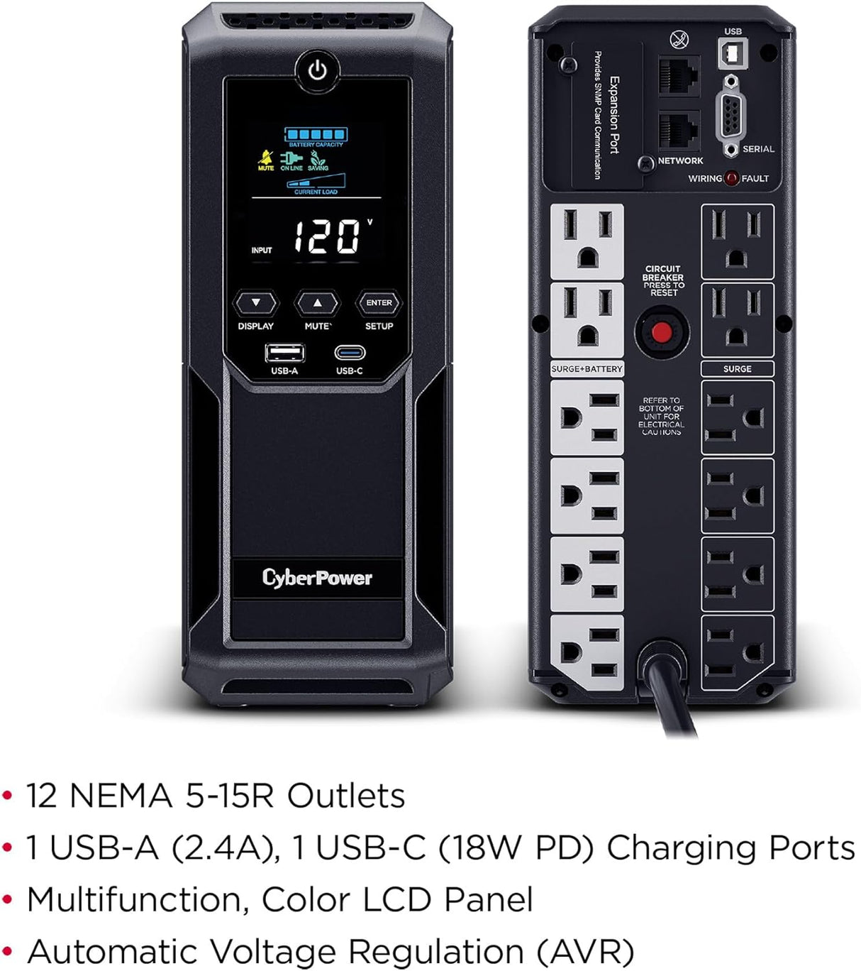 CyberPower Intelligent LCD UPS Battery Backup and Surge Protector, 1500VA/900W, 12 Outlets 2 USB Ports, AVR - Certified Refurbished