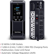 CyberPower Intelligent LCD UPS Battery Backup and Surge Protector, 1500VA/900W, 12 Outlets 2 USB Ports, AVR - Certified Refurbished